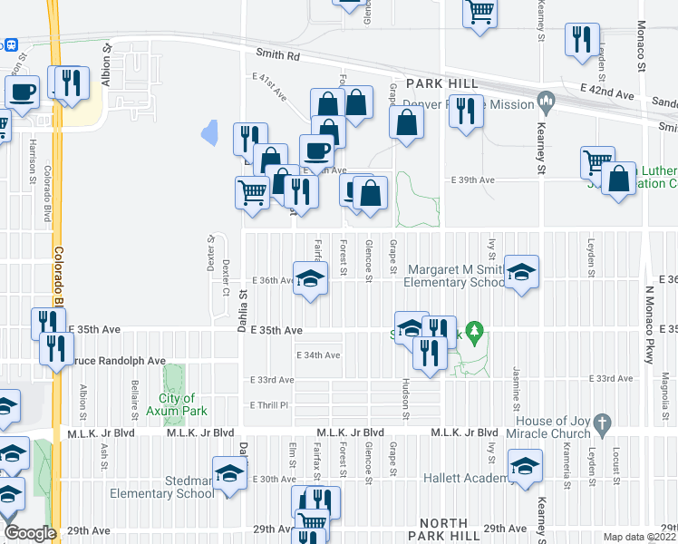 map of restaurants, bars, coffee shops, grocery stores, and more near 3611 Forest Street in Denver