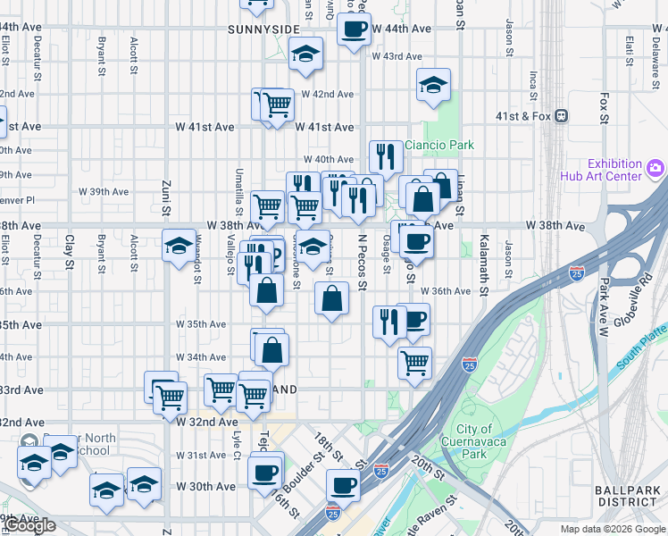 map of restaurants, bars, coffee shops, grocery stores, and more near 1750 West 37th Avenue in Denver