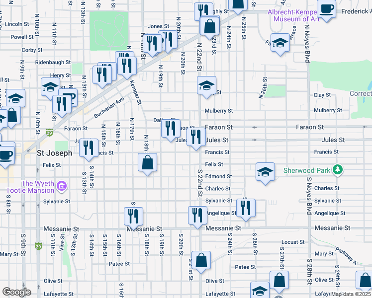 map of restaurants, bars, coffee shops, grocery stores, and more near 215 North 20th Street in Saint Joseph