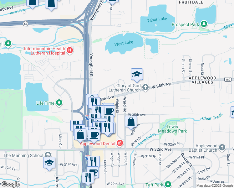map of restaurants, bars, coffee shops, grocery stores, and more near 3813 Wright Street in Wheat Ridge