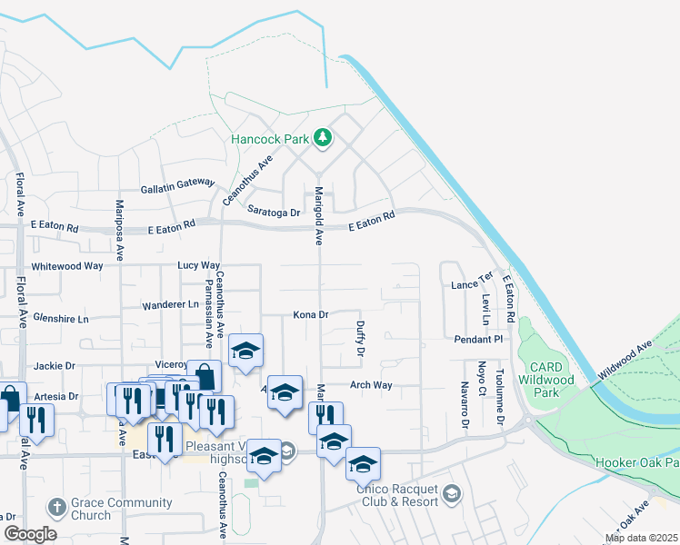 map of restaurants, bars, coffee shops, grocery stores, and more near 20 Harkness Court in Chico