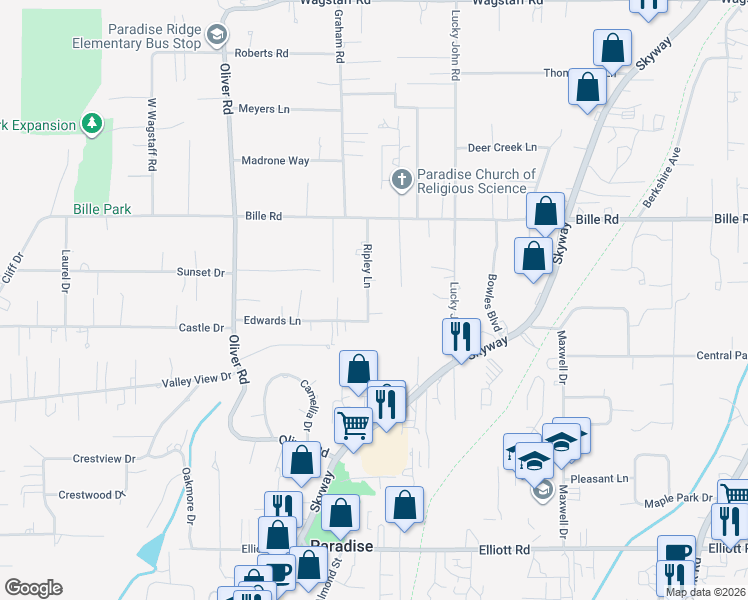map of restaurants, bars, coffee shops, grocery stores, and more near 6112 Ripley Lane in Paradise