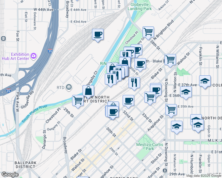 map of restaurants, bars, coffee shops, grocery stores, and more near 3200 Brighton Boulevard in Denver