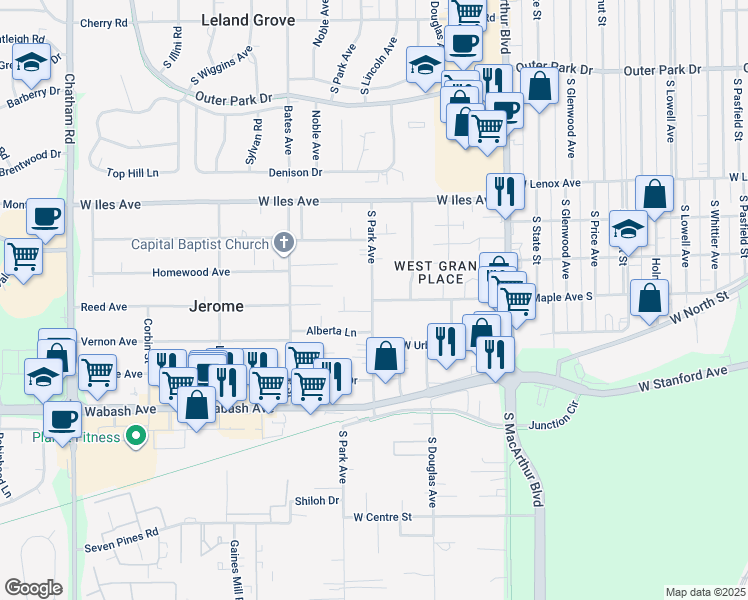 map of restaurants, bars, coffee shops, grocery stores, and more near 1299 Maple Ave in Jerome