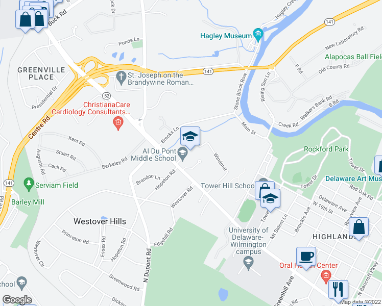map of restaurants, bars, coffee shops, grocery stores, and more near 3130 Kennett Pike in Wilmington