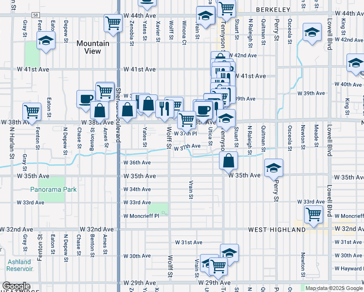 map of restaurants, bars, coffee shops, grocery stores, and more near 3707 Winona Court in Denver