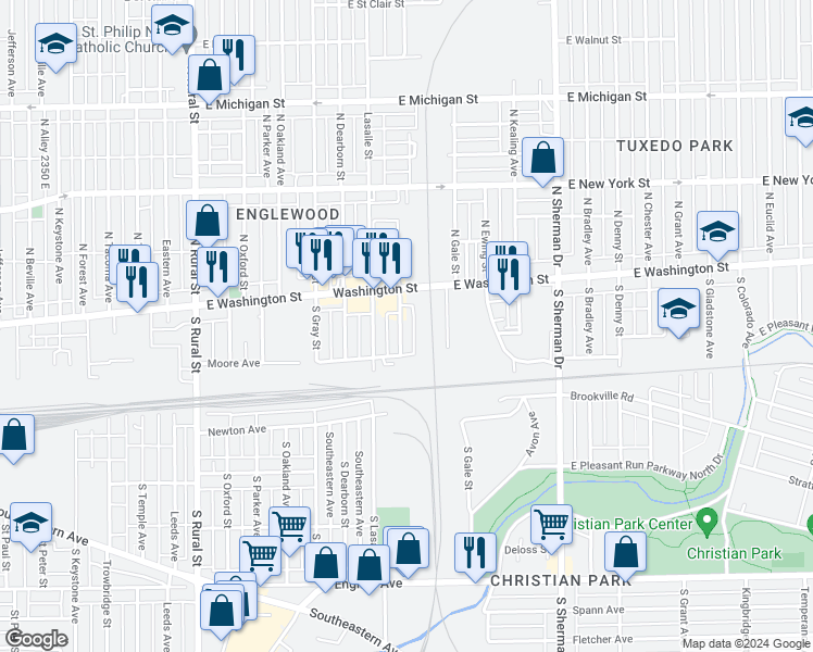 map of restaurants, bars, coffee shops, grocery stores, and more near 3409 Washington Street in Indianapolis