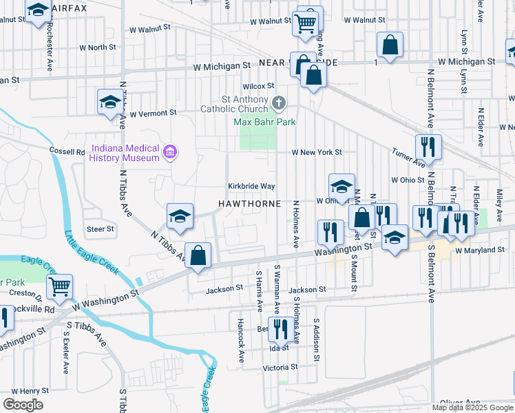 map of restaurants, bars, coffee shops, grocery stores, and more near 204 Haugh Street in Indianapolis