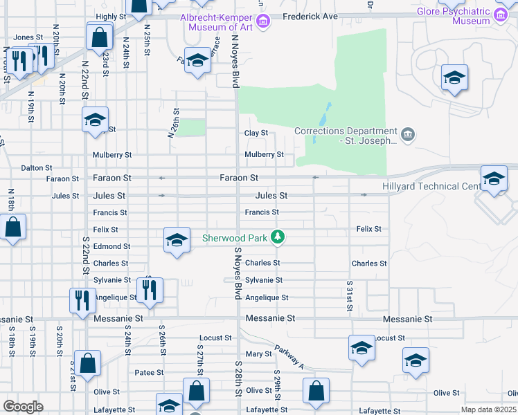 map of restaurants, bars, coffee shops, grocery stores, and more near 2806 Jules Street in Saint Joseph
