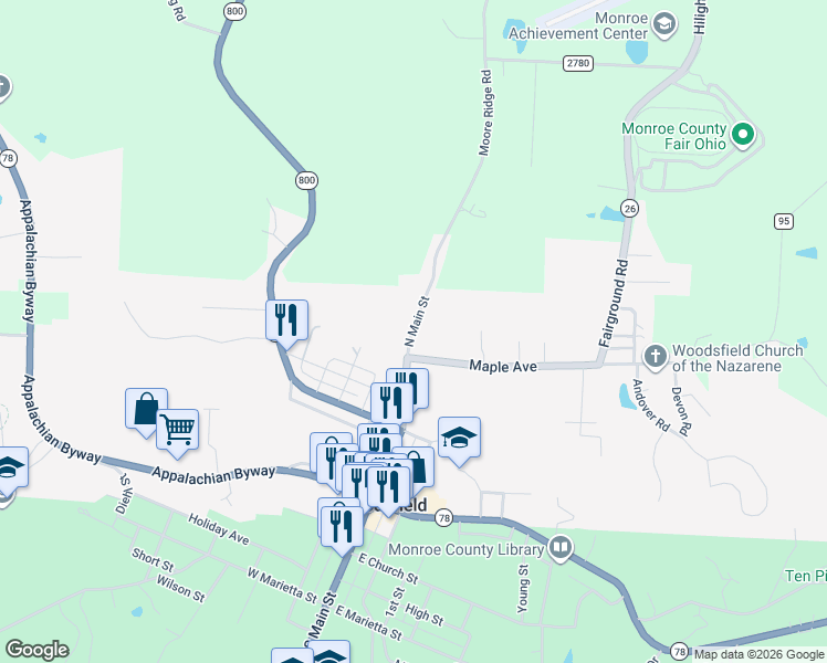 map of restaurants, bars, coffee shops, grocery stores, and more near 310 North Main Street in Woodsfield