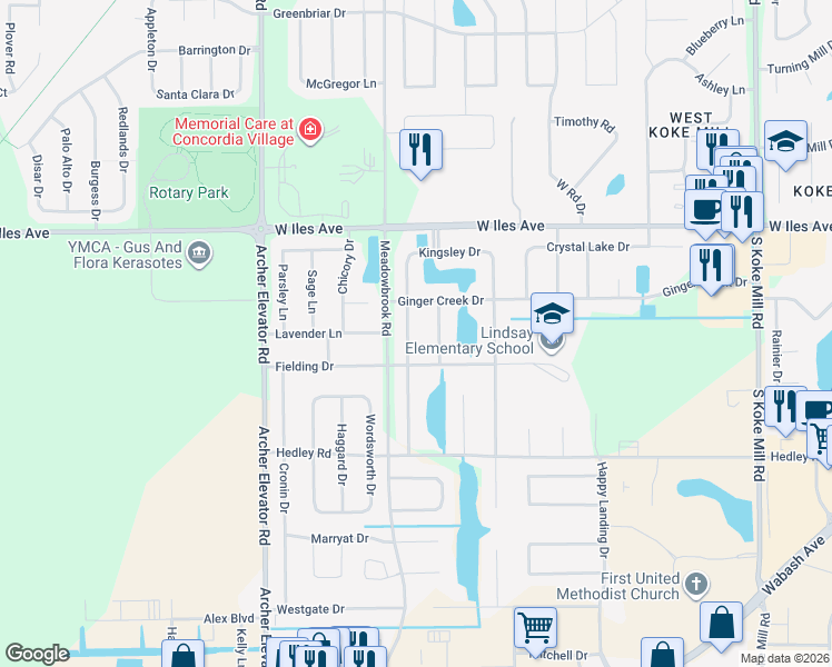 map of restaurants, bars, coffee shops, grocery stores, and more near 2612 Dickens Drive in Springfield