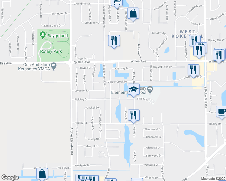 map of restaurants, bars, coffee shops, grocery stores, and more near 2612 Dickens Drive in Springfield