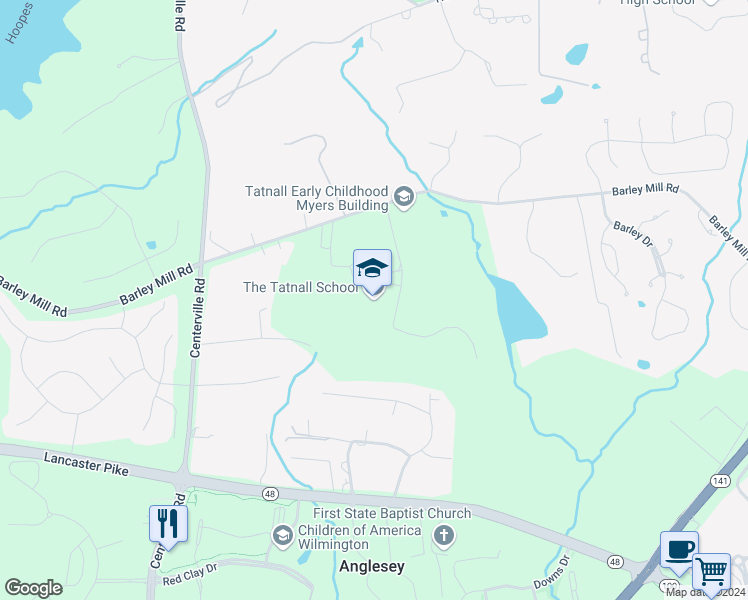map of restaurants, bars, coffee shops, grocery stores, and more near 1501 Barley Mill Road in Wilmington