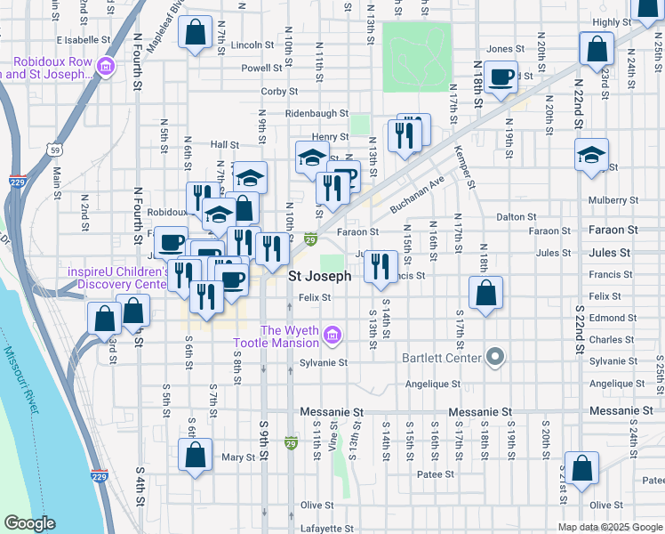 map of restaurants, bars, coffee shops, grocery stores, and more near 900-1200 Francis Street in Saint Joseph