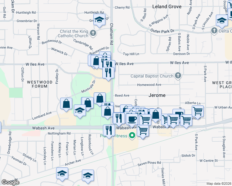 map of restaurants, bars, coffee shops, grocery stores, and more near 1837 Reed Avenue in Springfield