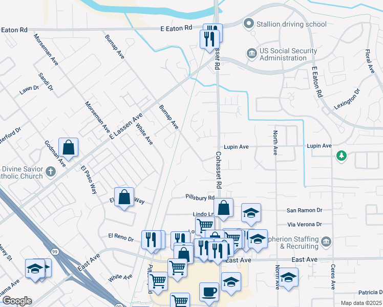 map of restaurants, bars, coffee shops, grocery stores, and more near 2611 Burnap Avenue in Chico