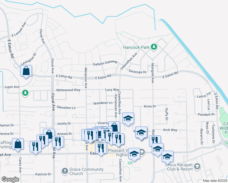 map of restaurants, bars, coffee shops, grocery stores, and more near 1393 Lucy Way in Chico