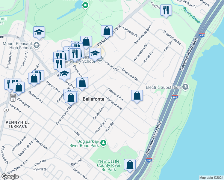map of restaurants, bars, coffee shops, grocery stores, and more near 907 Prospect Avenue in Wilmington