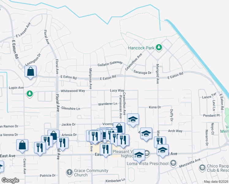 map of restaurants, bars, coffee shops, grocery stores, and more near 1377 Lucy Way in Chico