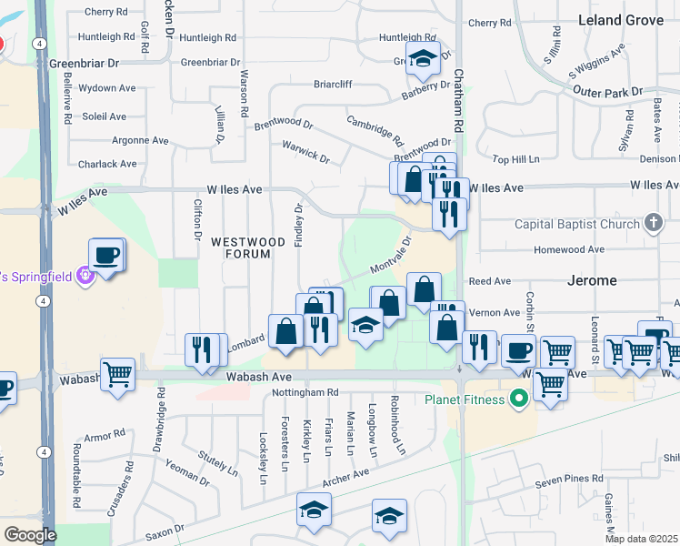 map of restaurants, bars, coffee shops, grocery stores, and more near 2901 Montvale Drive in Springfield