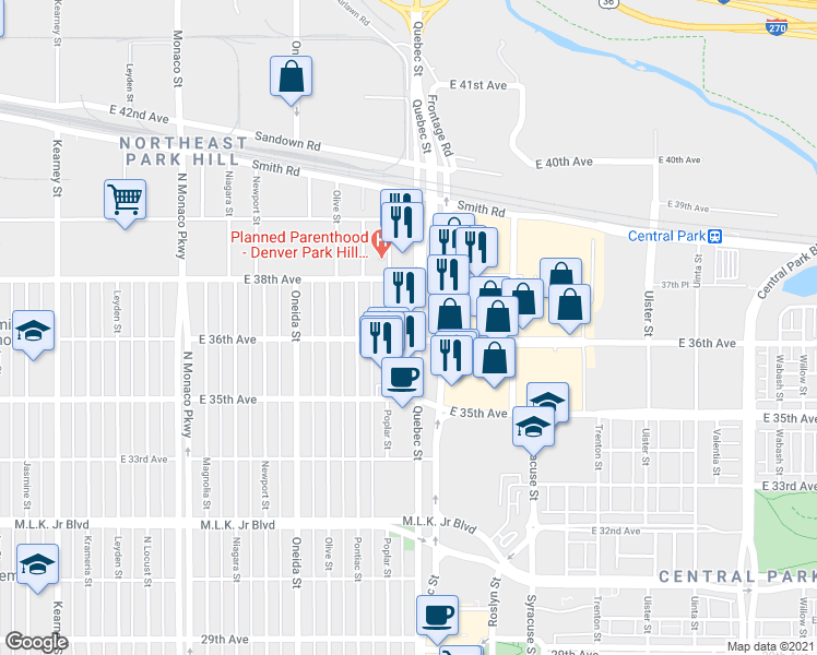 map of restaurants, bars, coffee shops, grocery stores, and more near 3601 Quebec Street in Denver