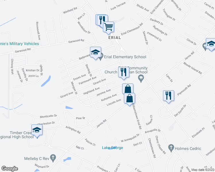 map of restaurants, bars, coffee shops, grocery stores, and more near 23 Highland Avenue in Sicklerville
