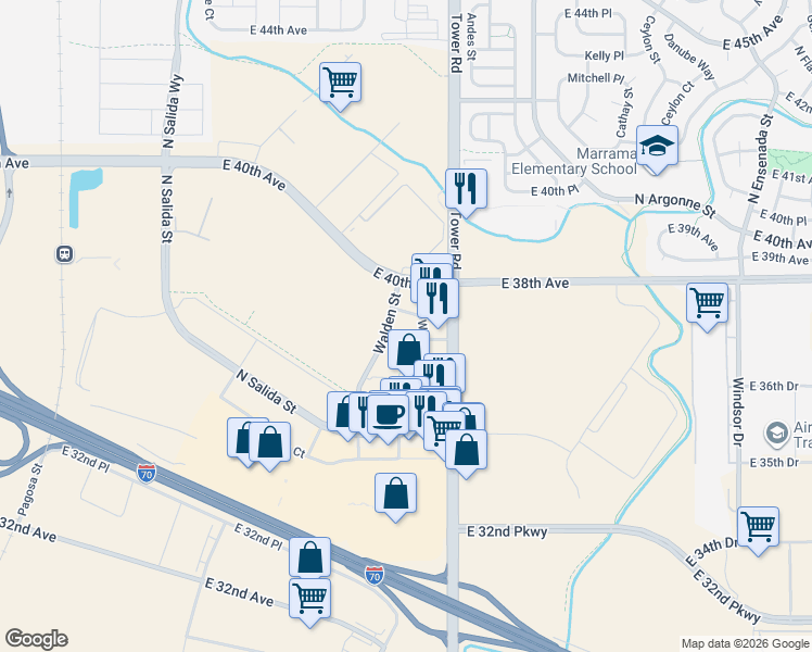 map of restaurants, bars, coffee shops, grocery stores, and more near Walden Circle in Aurora