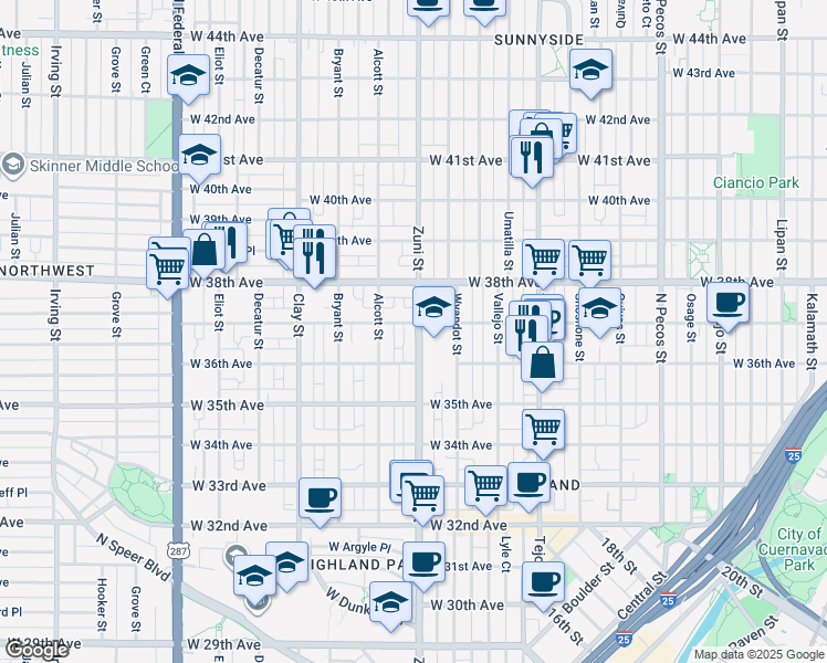 map of restaurants, bars, coffee shops, grocery stores, and more near 2432 West 37th Avenue in Denver