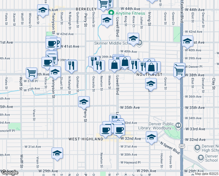 map of restaurants, bars, coffee shops, grocery stores, and more near 3715 Meade Street in Denver