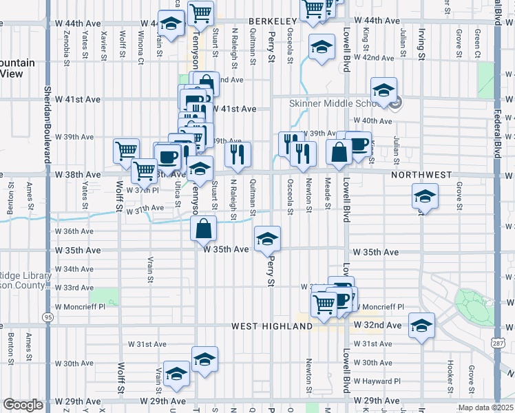map of restaurants, bars, coffee shops, grocery stores, and more near 3717 Quitman Street in Denver