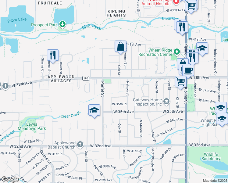 map of restaurants, bars, coffee shops, grocery stores, and more near 3730 Owens Street in Wheat Ridge