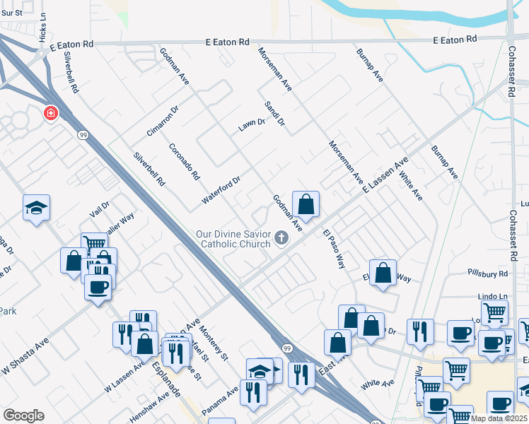 map of restaurants, bars, coffee shops, grocery stores, and more near 583 Morgan Drive in Chico