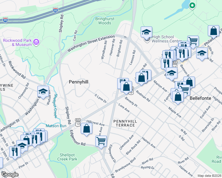 map of restaurants, bars, coffee shops, grocery stores, and more near 410 Marsh Road in Wilmington