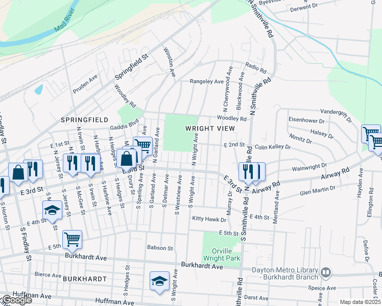 map of restaurants, bars, coffee shops, grocery stores, and more near 39 North Wright Avenue in Dayton