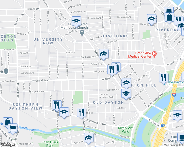 map of restaurants, bars, coffee shops, grocery stores, and more near 112 Lexington Avenue in Dayton