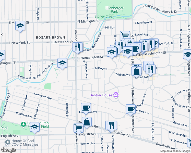 map of restaurants, bars, coffee shops, grocery stores, and more near 132 South Butler Avenue in Indianapolis