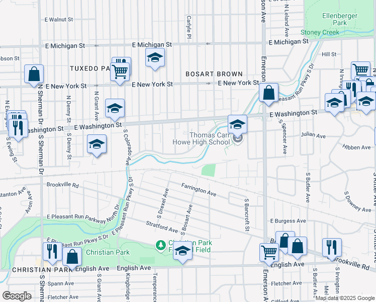 map of restaurants, bars, coffee shops, grocery stores, and more near 4736 East Pleasant Run Parkway North Drive in Indianapolis