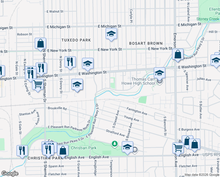 map of restaurants, bars, coffee shops, grocery stores, and more near 55 South Linwood Avenue in Indianapolis