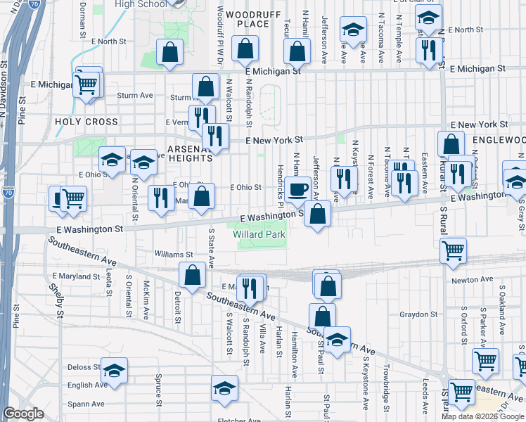map of restaurants, bars, coffee shops, grocery stores, and more near in Indianapolis