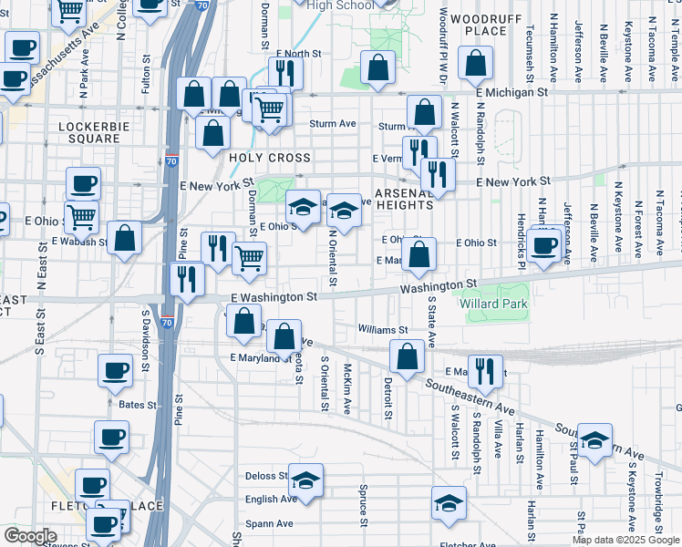 map of restaurants, bars, coffee shops, grocery stores, and more near 1421 East Market Street in Indianapolis