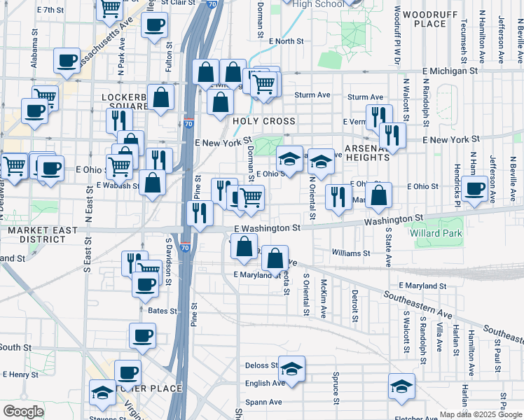 map of restaurants, bars, coffee shops, grocery stores, and more near 1117 East Market Street in Indianapolis