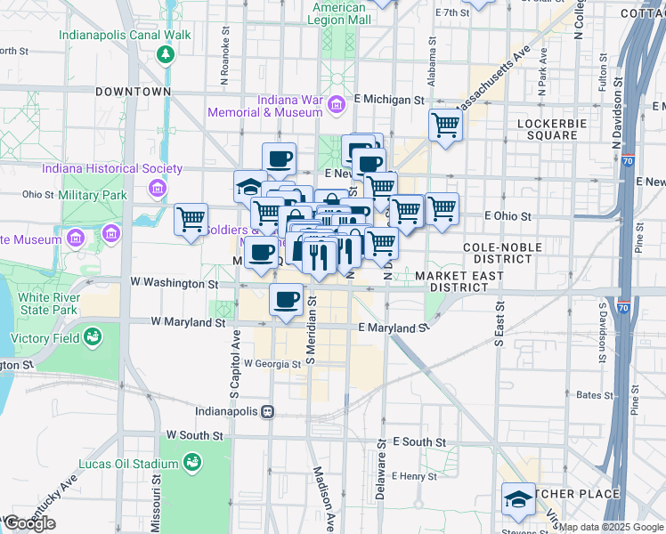 map of restaurants, bars, coffee shops, grocery stores, and more near 49 Monument Circle in Indianapolis