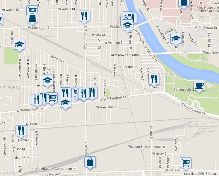 map of restaurants, bars, coffee shops, grocery stores, and more near 38 Miley Avenue in Indianapolis
