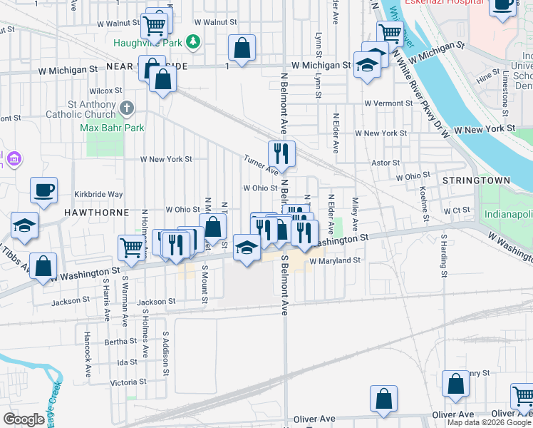 map of restaurants, bars, coffee shops, grocery stores, and more near 110 South Belmont Avenue in Indianapolis