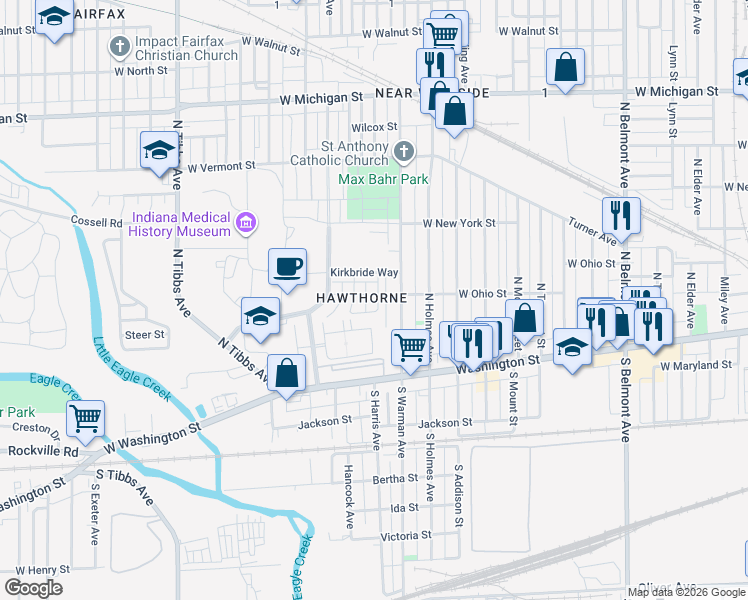 map of restaurants, bars, coffee shops, grocery stores, and more near 204 Haugh Street in Indianapolis