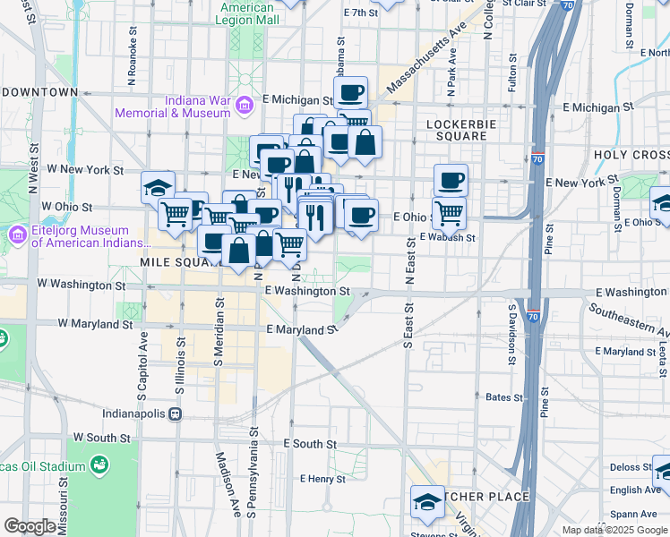 map of restaurants, bars, coffee shops, grocery stores, and more near 55 North Alabama Street in Indianapolis
