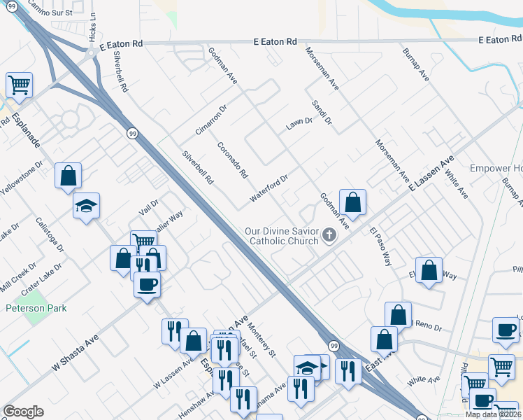 map of restaurants, bars, coffee shops, grocery stores, and more near 490 Posada Way in Chico
