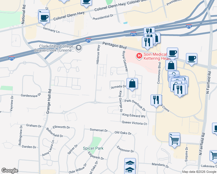 map of restaurants, bars, coffee shops, grocery stores, and more near 3647 Armada Drive in Beavercreek