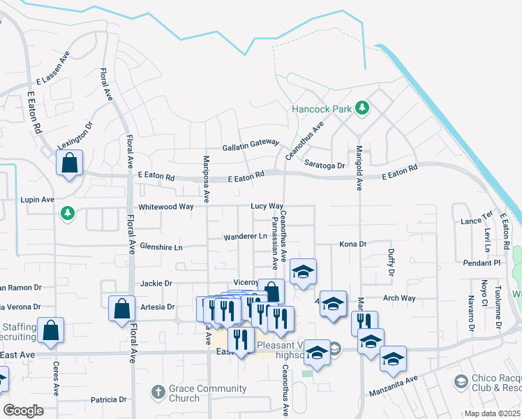 map of restaurants, bars, coffee shops, grocery stores, and more near 1377 Lucy Way in Chico