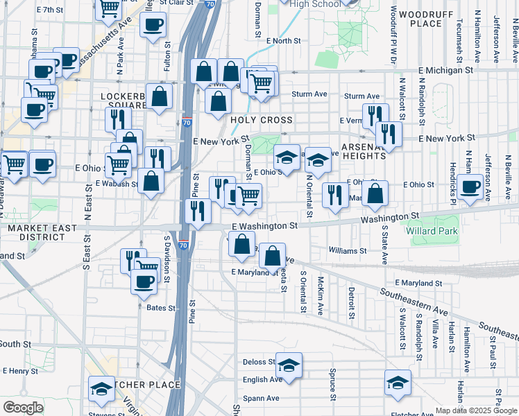 map of restaurants, bars, coffee shops, grocery stores, and more near 1117 East Market Street in Indianapolis